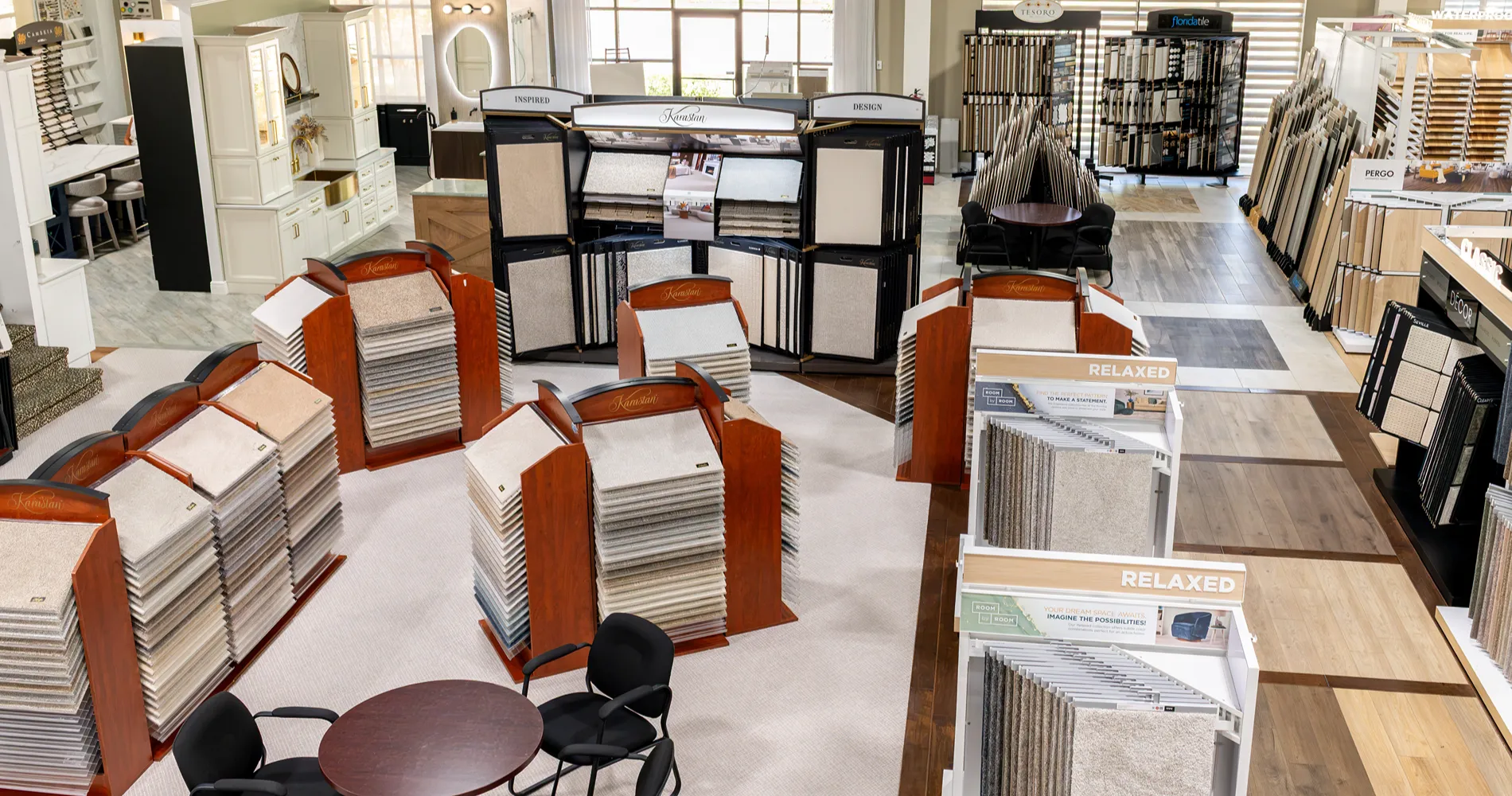 Overhead view of carpet displays at Hanover Floors Tampa